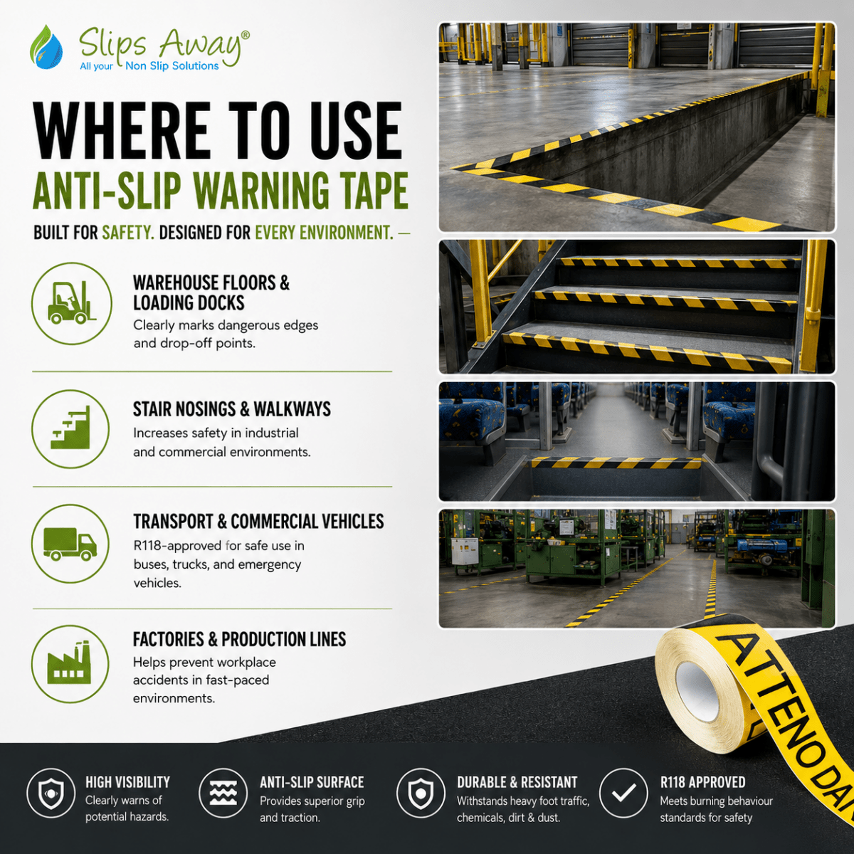Advertisement for anti-slip warning tape with usage scenarios and product details.
