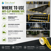 Advertisement for anti-slip warning tape with usage scenarios and product details.