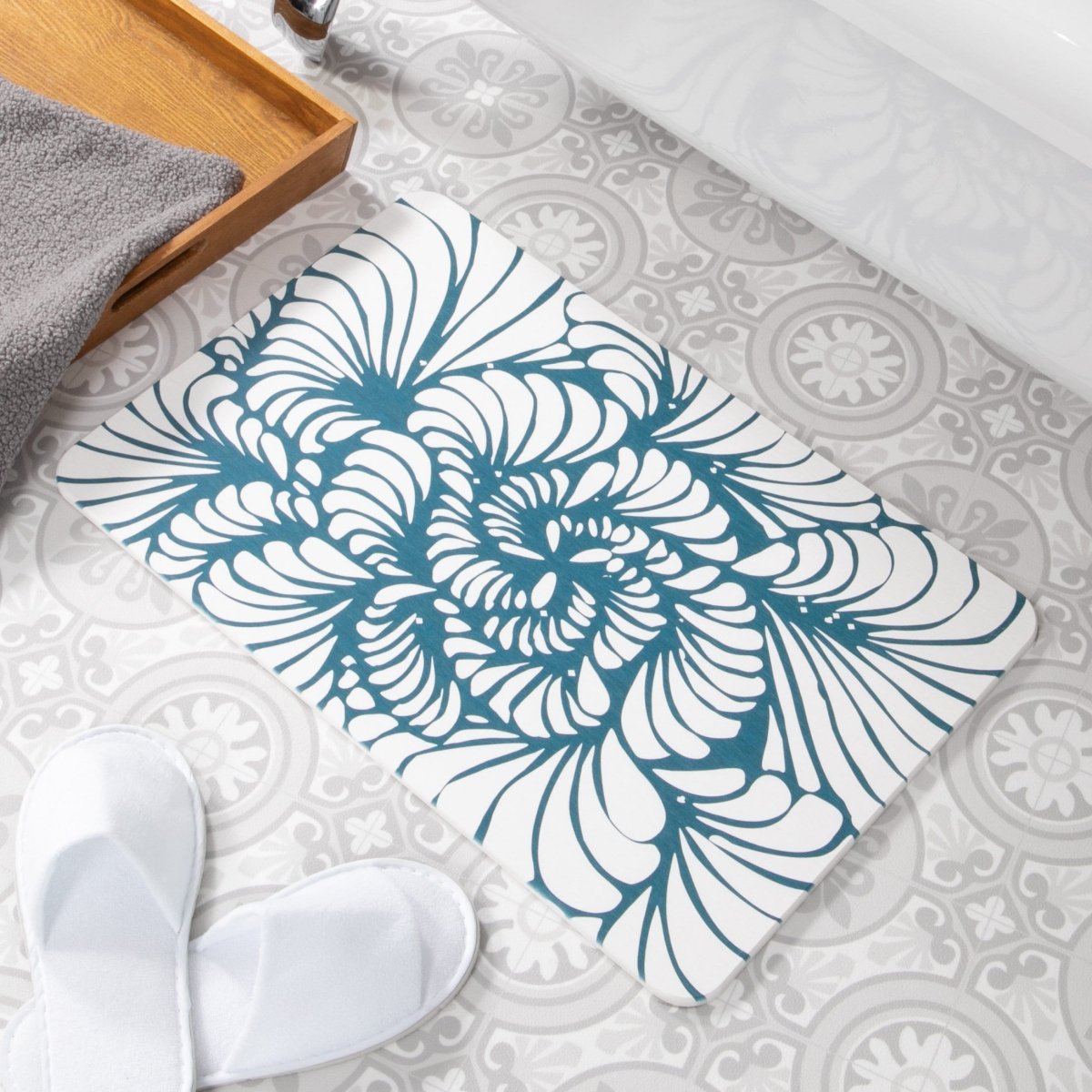 Blue Swirls Bathmat - Beautiful Swirls Mat - Natural & Eco-Friendly - Beach Home - Bathroom Decor - White Stone Non Slip Bath Mat - 39X60Cm - Slips Away - 1344574729 -