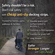 Person pushing a stroller on a wooden path with safety message about anti-slip decking strips.