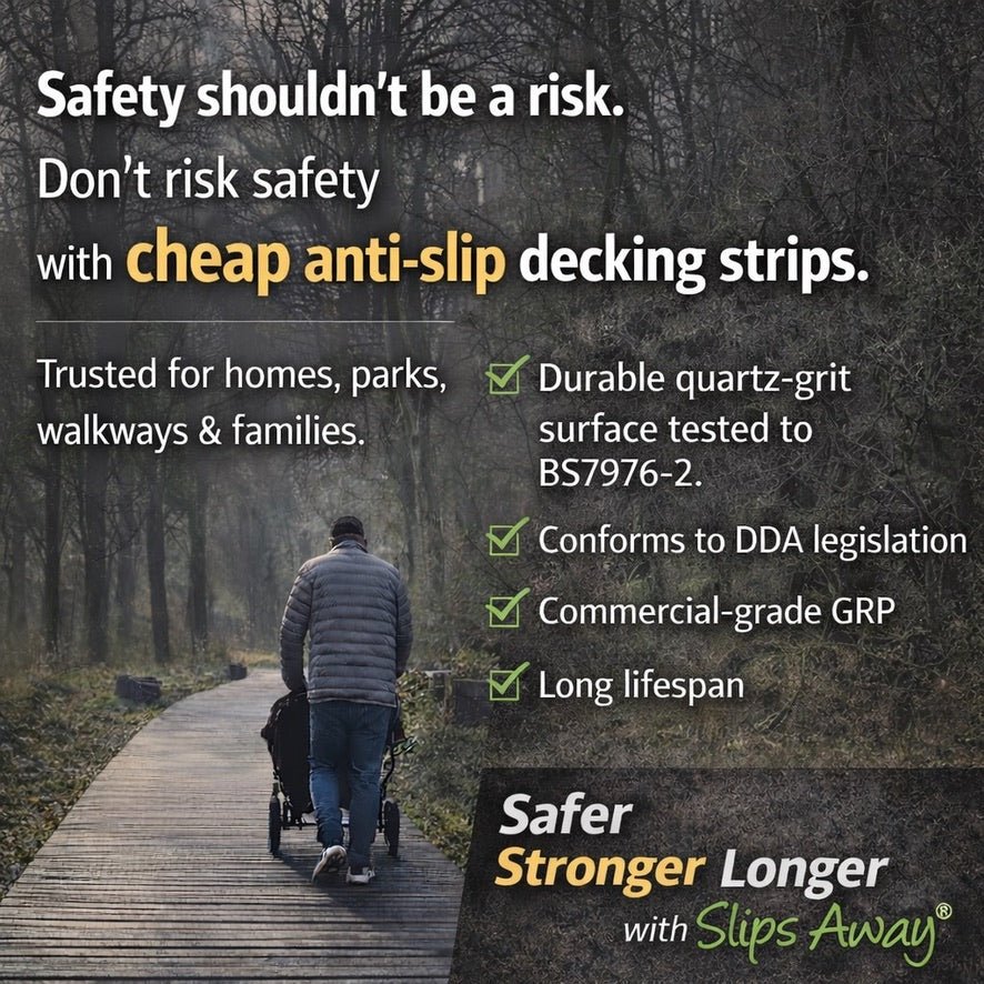 Person pushing a stroller on a wooden path with safety message about anti-slip decking strips.
