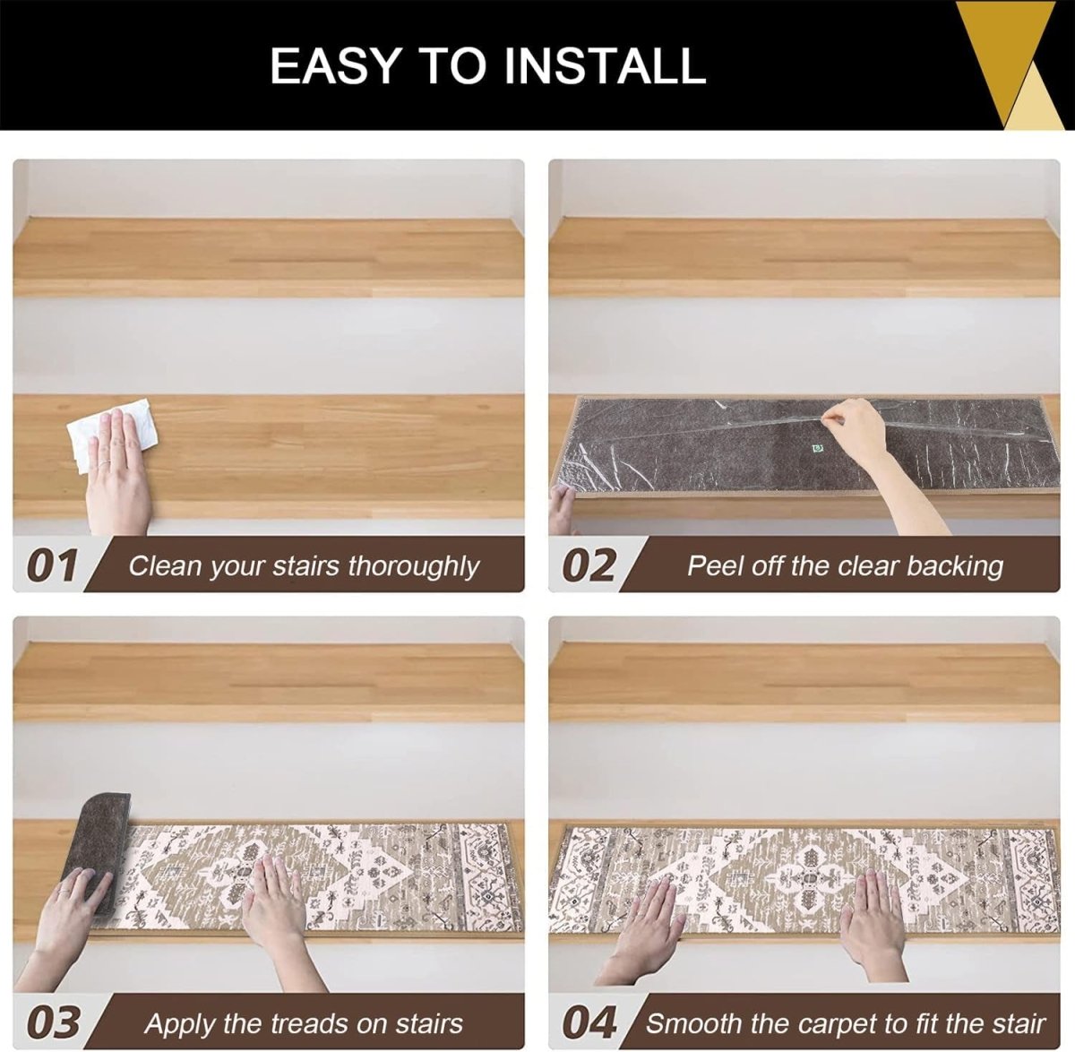Carpet Treads for Stairs (20x76 cm) - Self - Adhesive, Non - Slip Stair Mats, Removable Carpet Tiles for Indoor Staircase Decoration - Slips Away - B0CQXG1YL9 - 