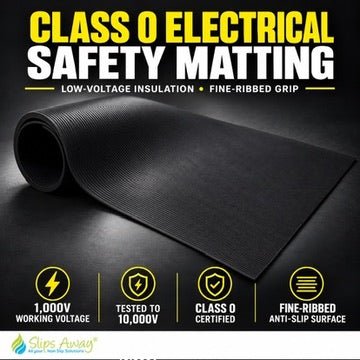 Class 0 electrical safety matting - 1000V insulating rubber mat, 3mm fine ribbed and tested to 10000V - Slips Away - RE3100-CL0C -