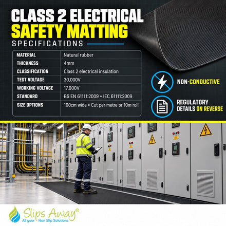Class 2 Electrical Safety Matting - 17kV insulating rubber mat, 4mm fine ribbed and 30kV tested - Slips Away - RE4100-CL2C -