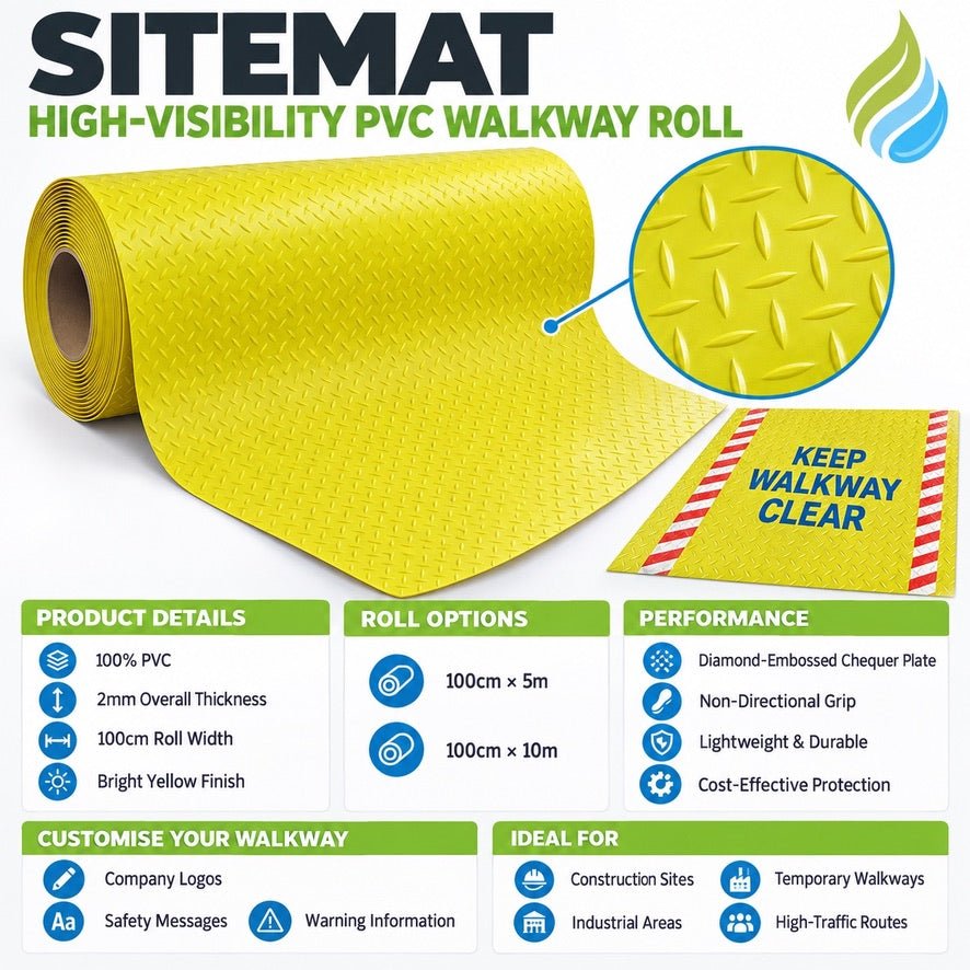 Custom Branded Construction Site Matting | Anti-Slip Logo Mat | Yellow 100cm x 5m or 10m Roll - Slips Away - CR2100-1YL -