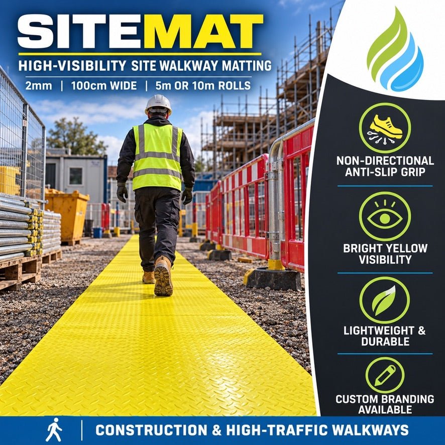 Custom Branded Construction Site Matting | Anti-Slip Logo Mat | Yellow 100cm x 5m or 10m Roll - Slips Away - CR2100-1YL -