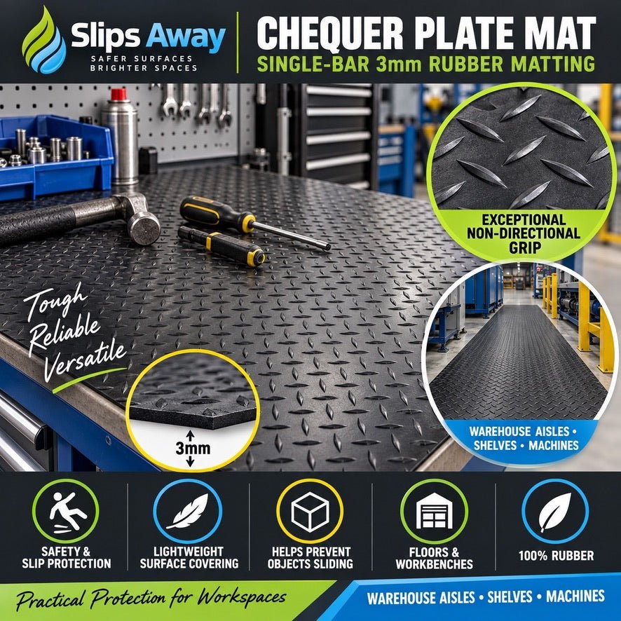 Cut to Size Chequer Plate Rubber Matting (1-10m) - 3mm Safety & Slip Protection - Slips Away - CR3122-1C -
