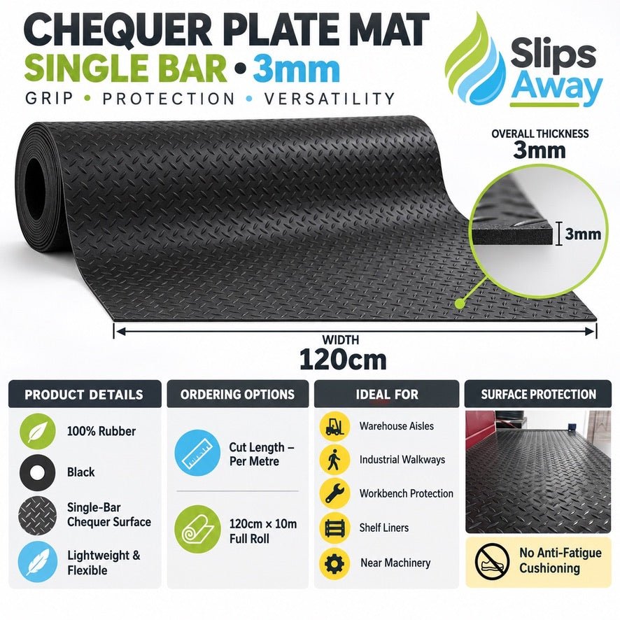Cut to Size Chequer Plate Rubber Matting (1-10m) - 3mm Safety & Slip Protection - Slips Away - CR3122-1C -