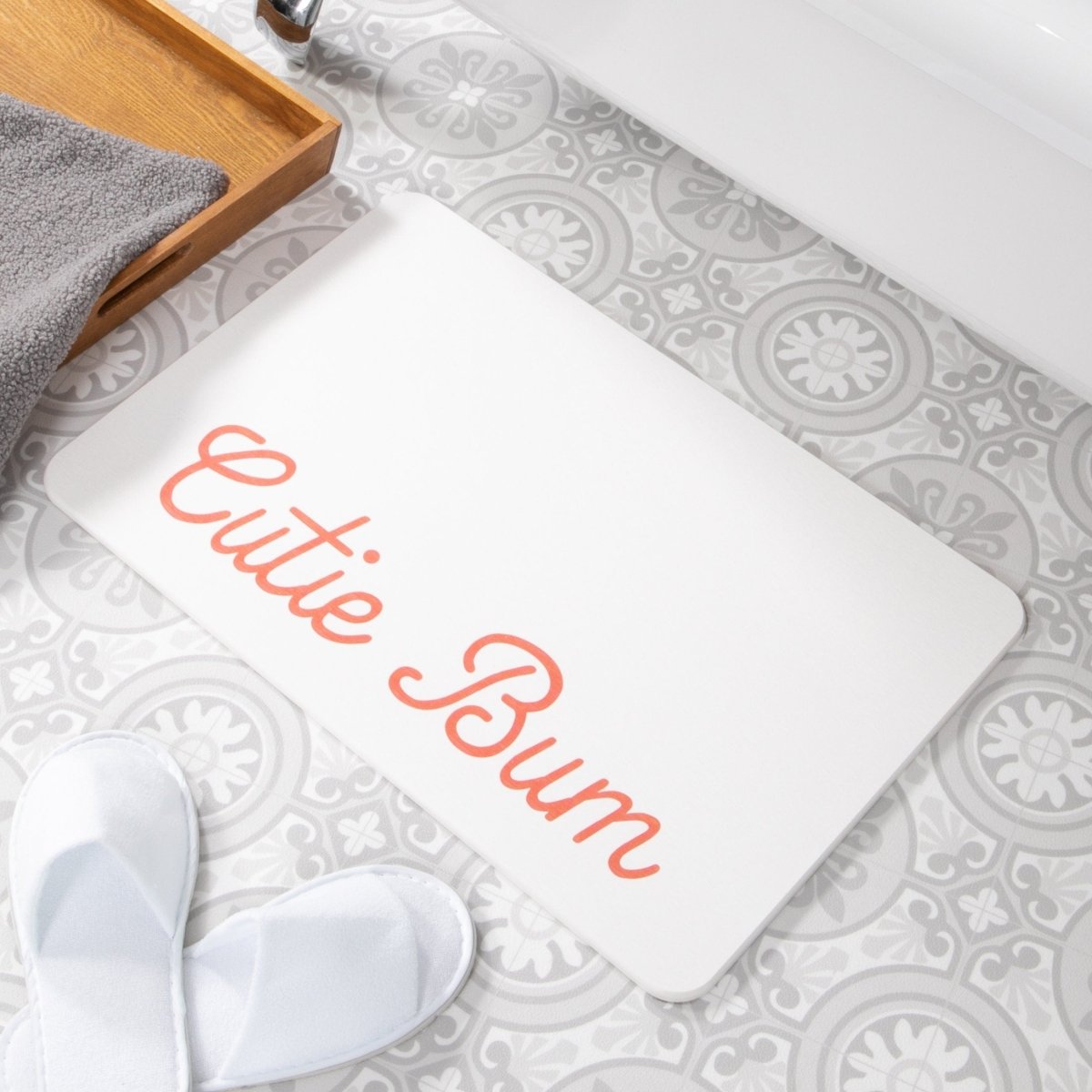 Cutie Bum Bathmat - Funny Quote Bathroom Rug - White Bath Mat - Colorful Bathroom Decor - Fun Bath Mats - White Stone Non Slip Bath Mat - Slips Away - 1344539017 -