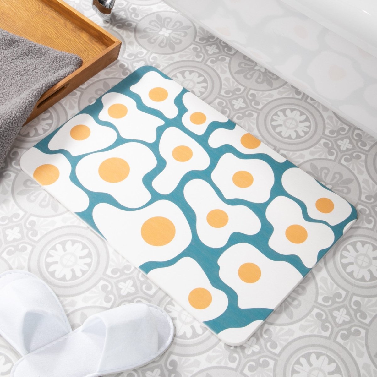 Egg Pattern Bathmat - Egg White & Yolk Mat - White Stone Non Slip Bath Mat - 100% Natural Eco-Friendly Bath Mat - Kids Bathroom Decor - Slips Away - 1330562624 -