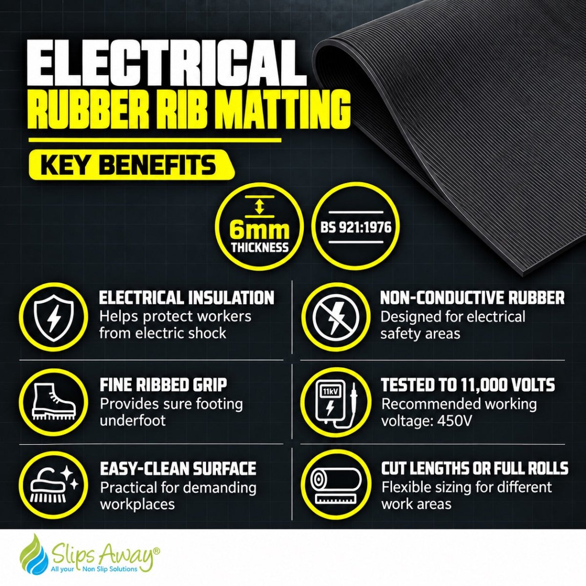 Electrical installation rubber ribbed matting, 6mm Anti Slip Safety mat 11kv ( 450V ) - Slips Away - RE6100C -