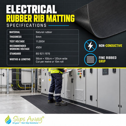 Electrical installation rubber ribbed matting, 6mm Anti Slip Safety mat 11kv ( 450V ) - Slips Away - RE6100C -