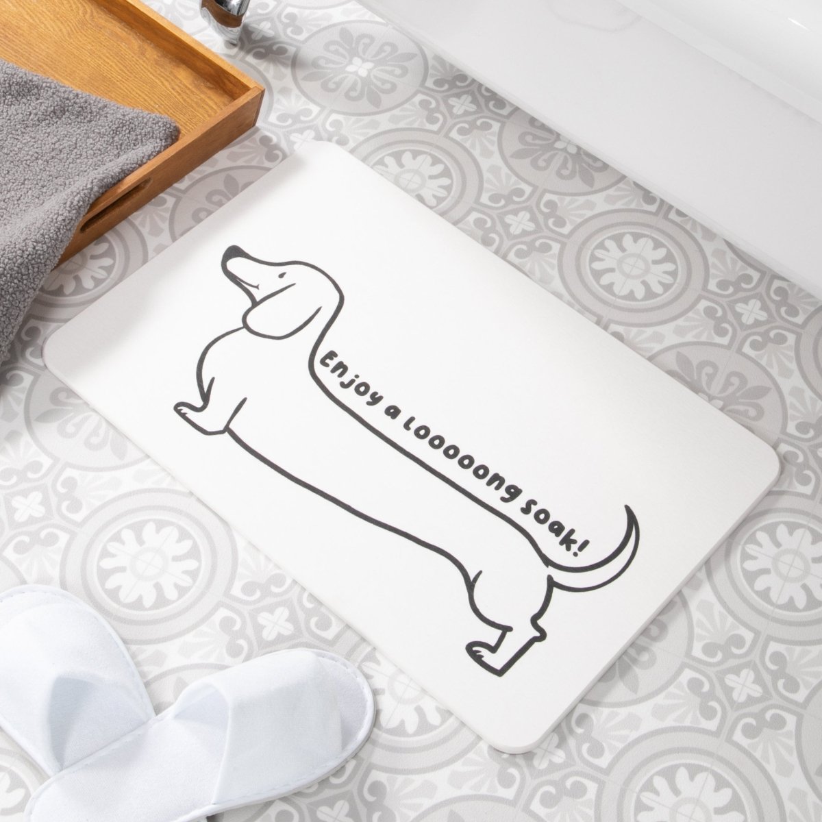 Enjoy a Long Soak Bathmat - Dachshund Bathmat - Gift for Dog Lover - White Stone Non Slip Bath Mat - Cute Bath Mat - Gift for Dog Mom - Slips Away - 1344552399 -