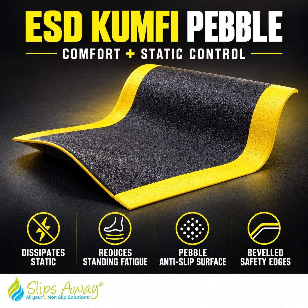 ESD Kumfi Pebble anti-fatigue mat - anti-static vinyl safety mat with bevelled edges - Cut to size. - Slips Away - EP2436BL -