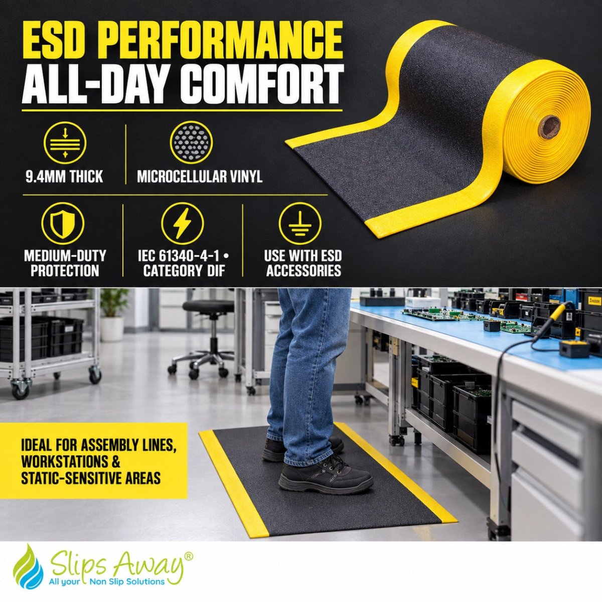 ESD Kumfi Pebble anti-fatigue mat - anti-static vinyl safety mat with bevelled edges - Cut to size. - Slips Away - EP2436BL -