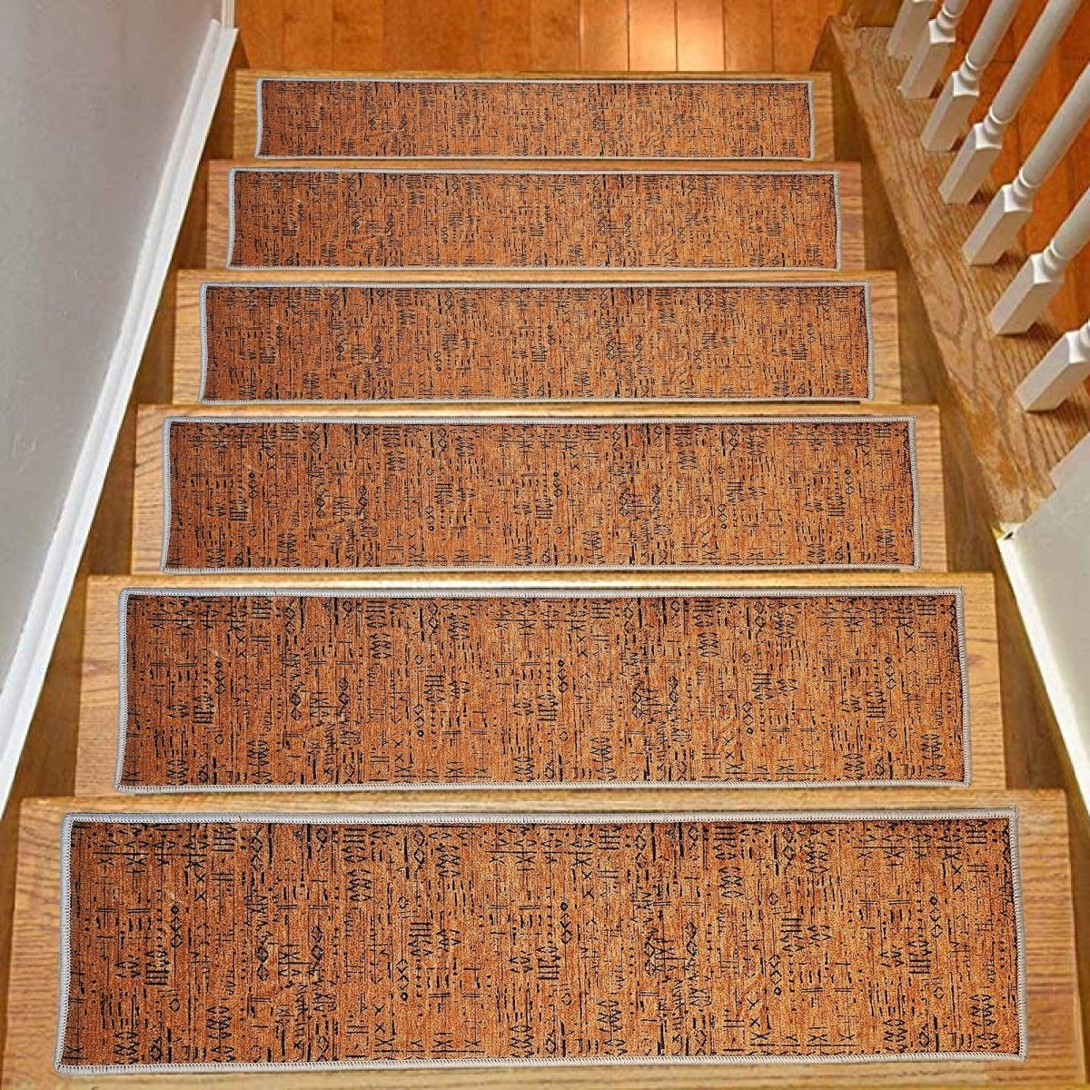 Ethnic Tile Stair Treads Rug, Copper Colour Carpet, Aesthetic Stair Runner, Ultra Thin Stair Mat, Step Pad, Non-Slip Rug, Washable Carpet - Slips Away - 1684571111_4327180405 -