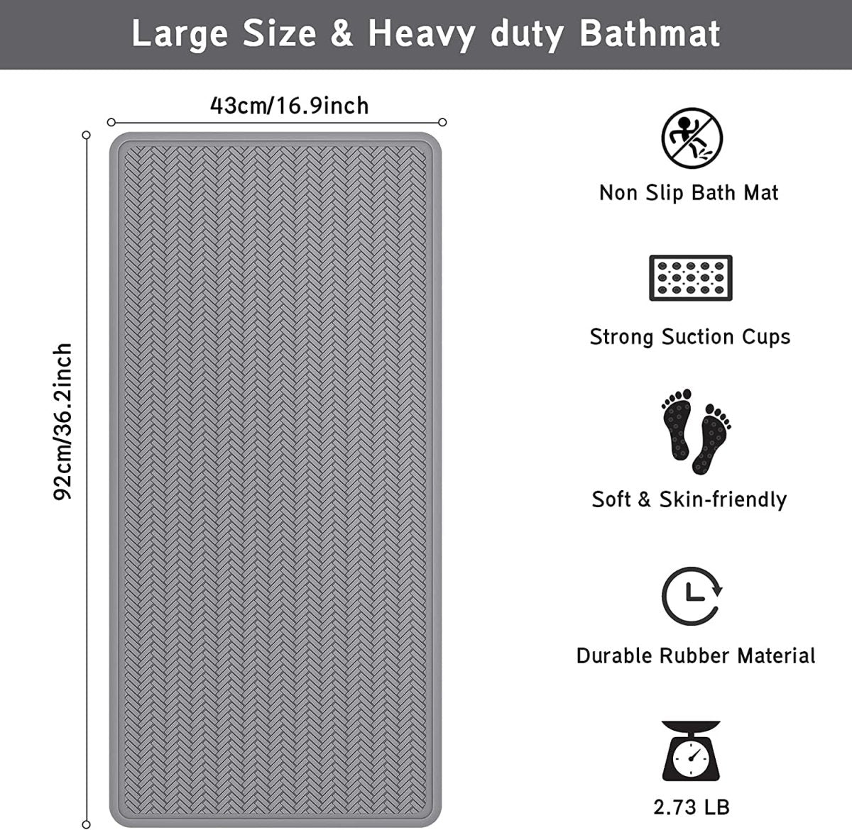 Extra Long 43X92 cm Rubber Non Slip Bathtub & Shower Mat - Soft Mat for Bathroom Tub with Strong Suction Cups