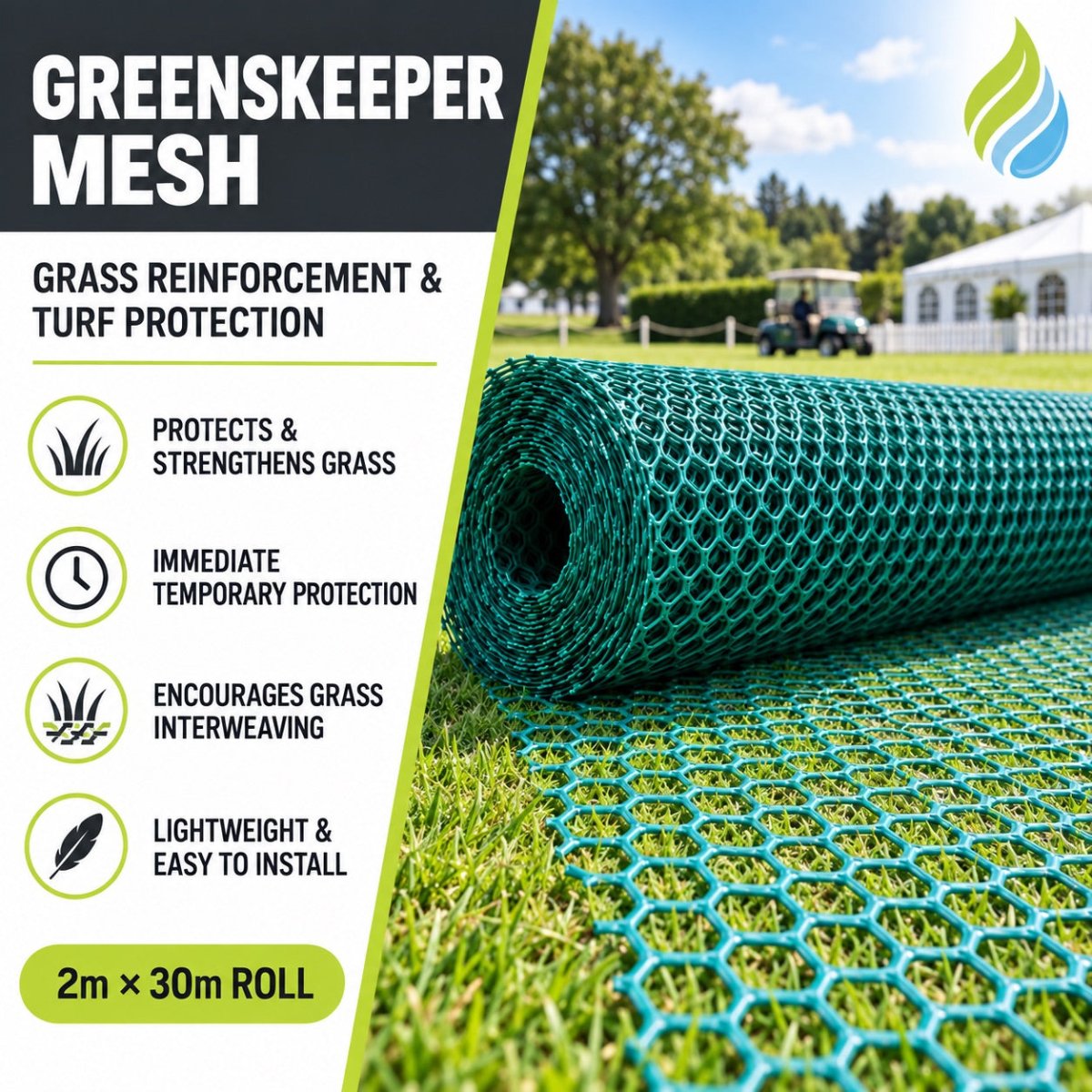 Grass Reinforcement Mesh Matting – Heavy Duty Turf & Lawn Protection Roll – 2m x 30m - Slips Away - GKM7998 -