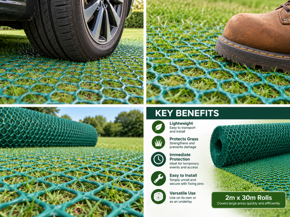 Grass Reinforcement Mesh Matting – Heavy Duty Turf & Lawn Protection Roll – 2m x 30m - Slips Away - GKM7998 -