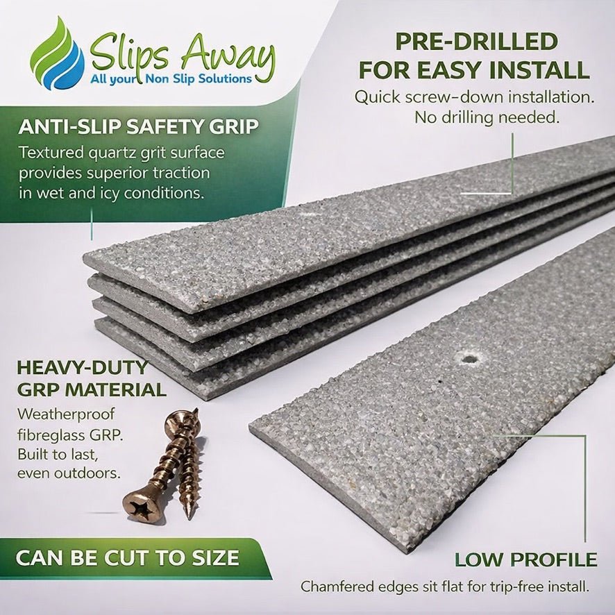 Grey Anti - Slip Decking Strips – 50mm GRP Stair Treads for Outdoor Safety - Slips Away - Decking strips - Grey 500mmx50mm - x1 - 
