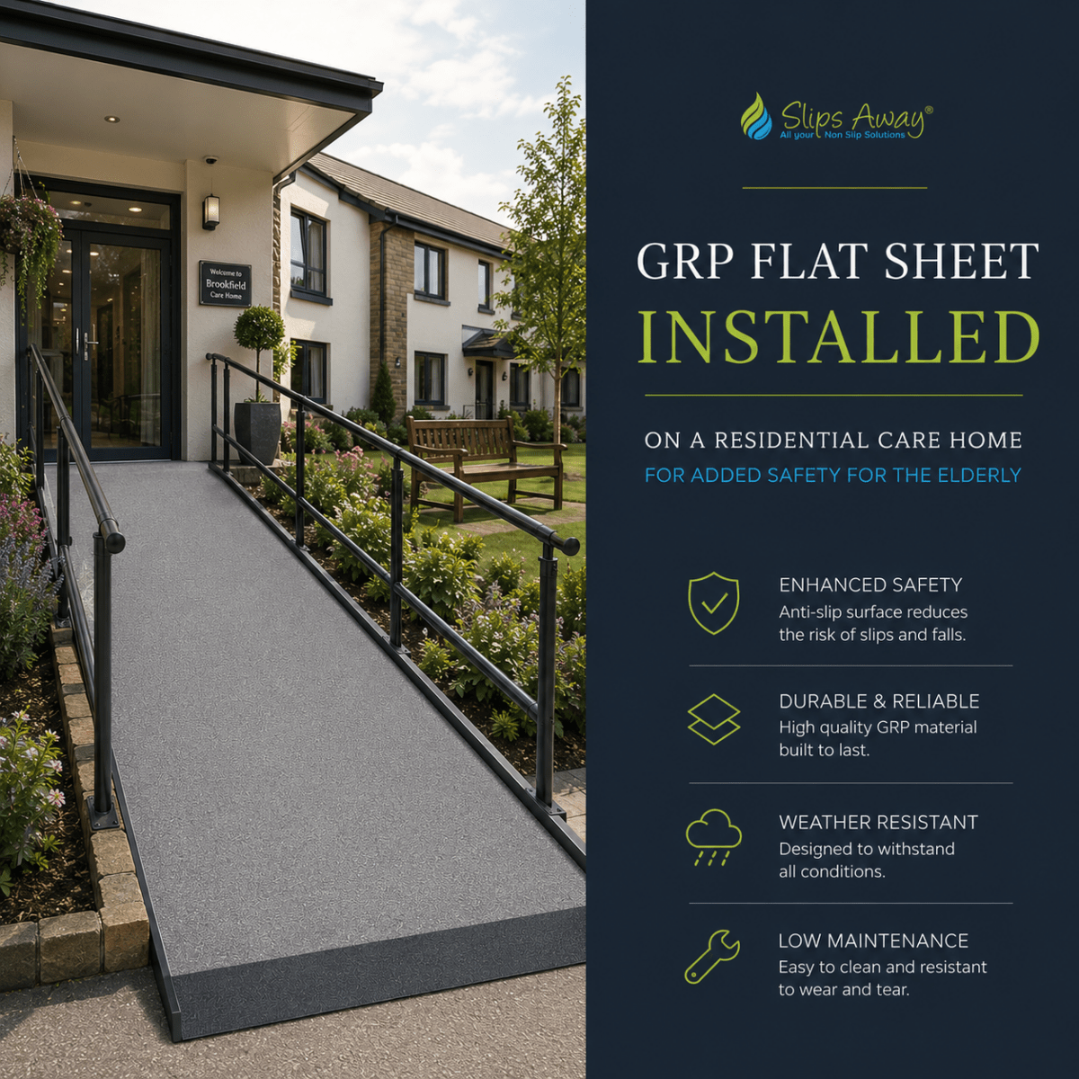 A promotional graphic showing a residential care home entrance with a installed gray GRP ramp, alongside marketing text and feature icons for slip resistance, durability, weather resistance, and low maintenance. Brand 'Slips Away' is visible at the top.