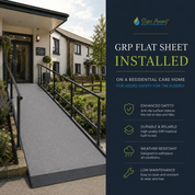 A promotional graphic showing a residential care home entrance with a installed gray GRP ramp, alongside marketing text and feature icons for slip resistance, durability, weather resistance, and low maintenance. Brand 'Slips Away' is visible at the top.
