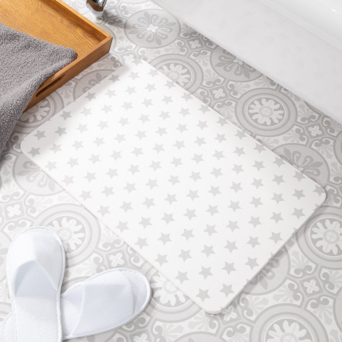 Grey Stars Bathmat - Celestial Bath Mat - New Home, Bathroom Decor - Witchy Bath Mat - 100% Natural White Stone Non Slip Bath Mat - 39X60Cm - Slips Away - 1330568500 -