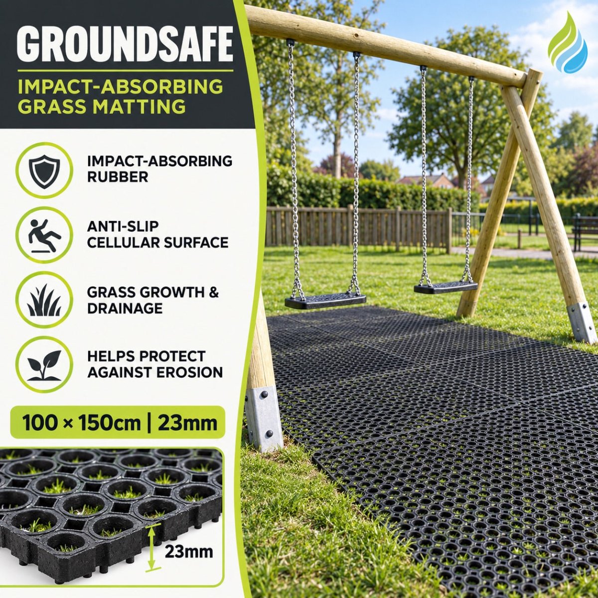 Groundsafe Rubber Grass Matting – Impact Absorbing Anti-Slip Playground & Outdoor Safety Mat – 23mm - Slips Away - GS1015 -