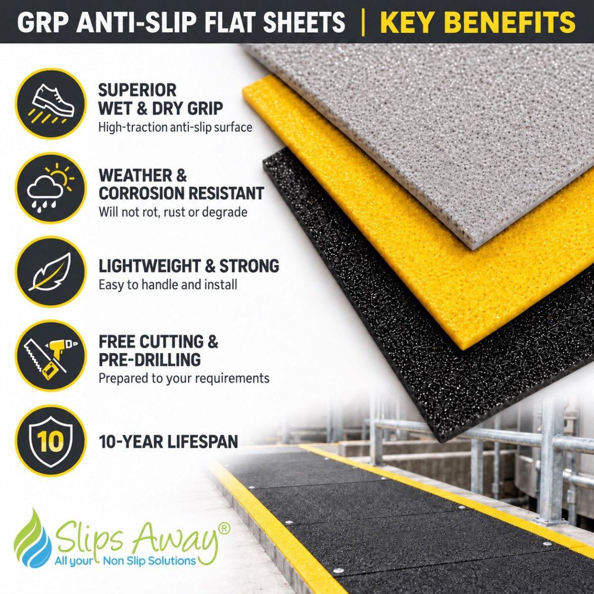 GRP Anti-Slip Flat Sheet Panels | Heavy-Duty, Non-Slip Flooring | Weather & Corrosion Resistant - Slips Away - GRP Anti Slip Panels - BLK GRP SHEET 1.2m x 1.2m- -