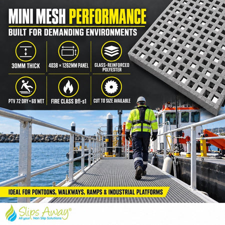 GRP Mini Mesh Grating – Anti-Slip, Corrosion-Resistant Fibreglass Flooring Panel 4038mm x 1262mm - Slips Away - GRP MESH GRATING - GR4913-30GY -