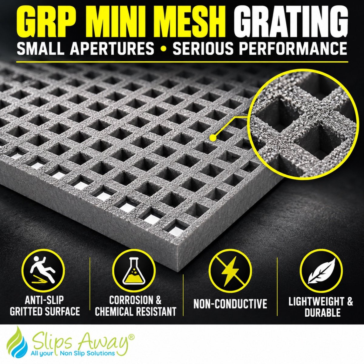 GRP Mini Mesh Grating – Anti-Slip, Corrosion-Resistant Fibreglass Flooring Panel 4038mm x 1262mm - Slips Away - GRP MESH GRATING - GR4913-30GY -