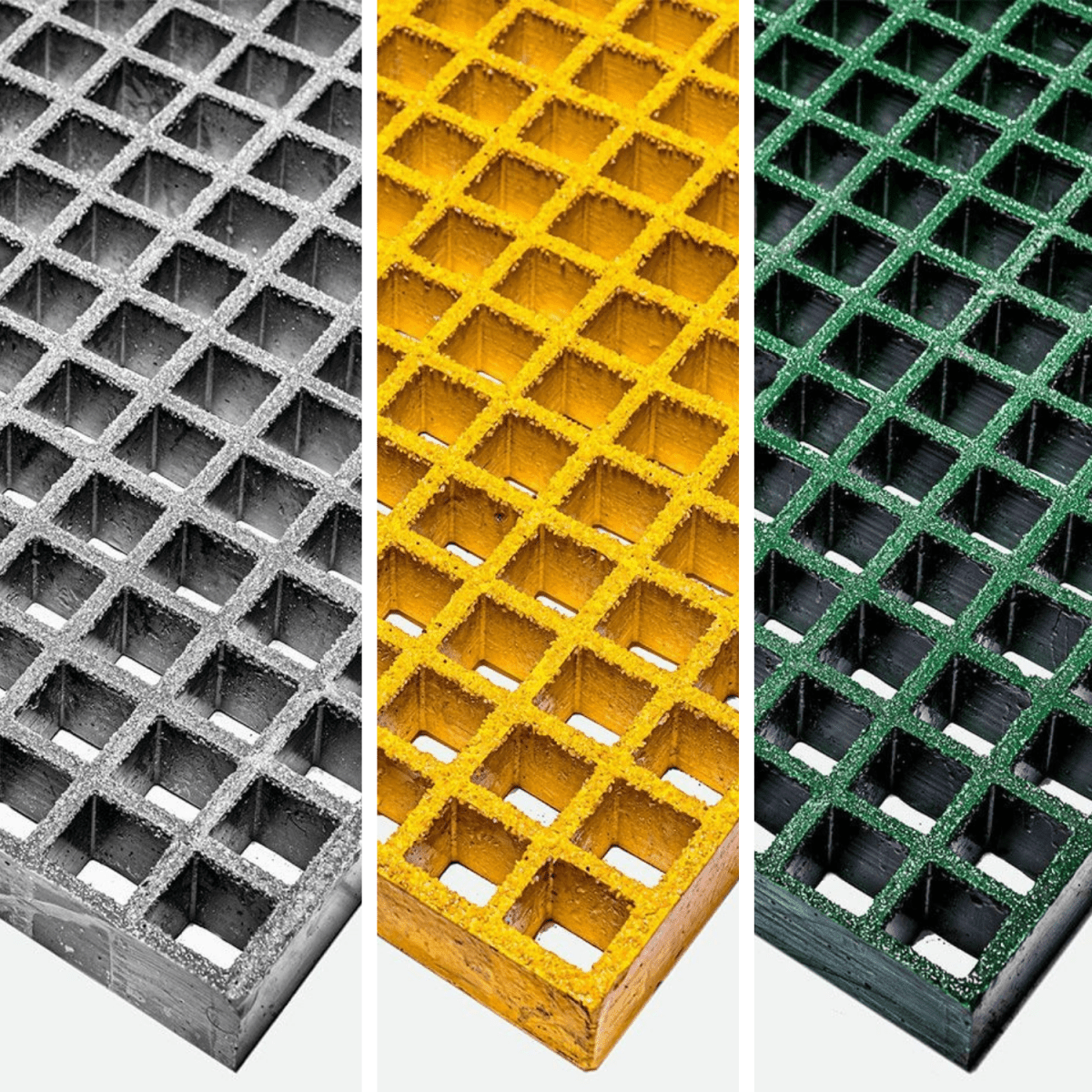 grp mesh grating showcasing 3 avaibale colours grey, yellow and green