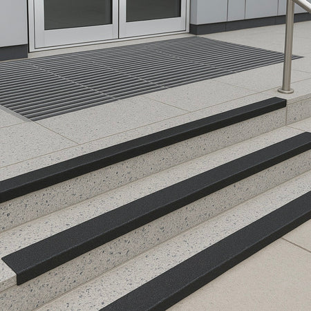 Modern commercial building entrance featuring terrazzo concrete steps with black 55mm anti-slip GRP nosings, stainless steel handrail, and metal drainage grate, providing durable slip resistance for public access.