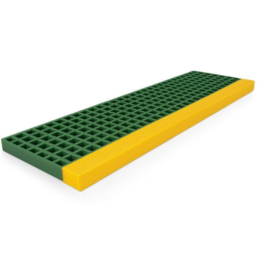 Green and yellow GRP Stair step tread on a white background
