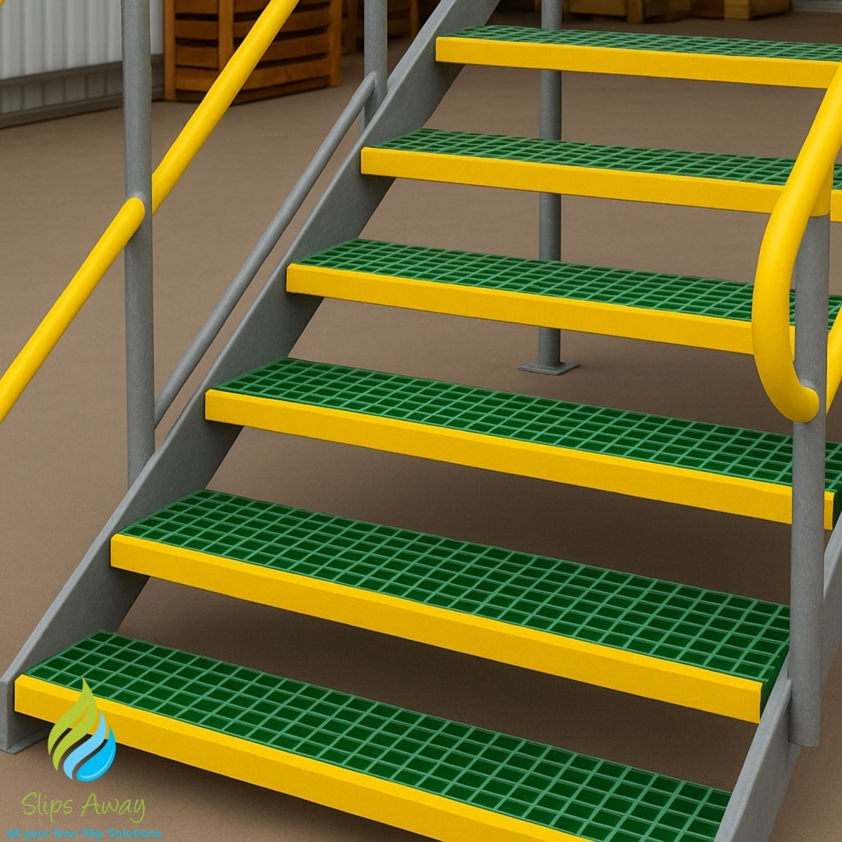 GRP Stair Tread – Moulded 38mm Square Mesh with D38mm Depth – Green Yellow Nosing - Slips Away - GRP MESH GRATING - 