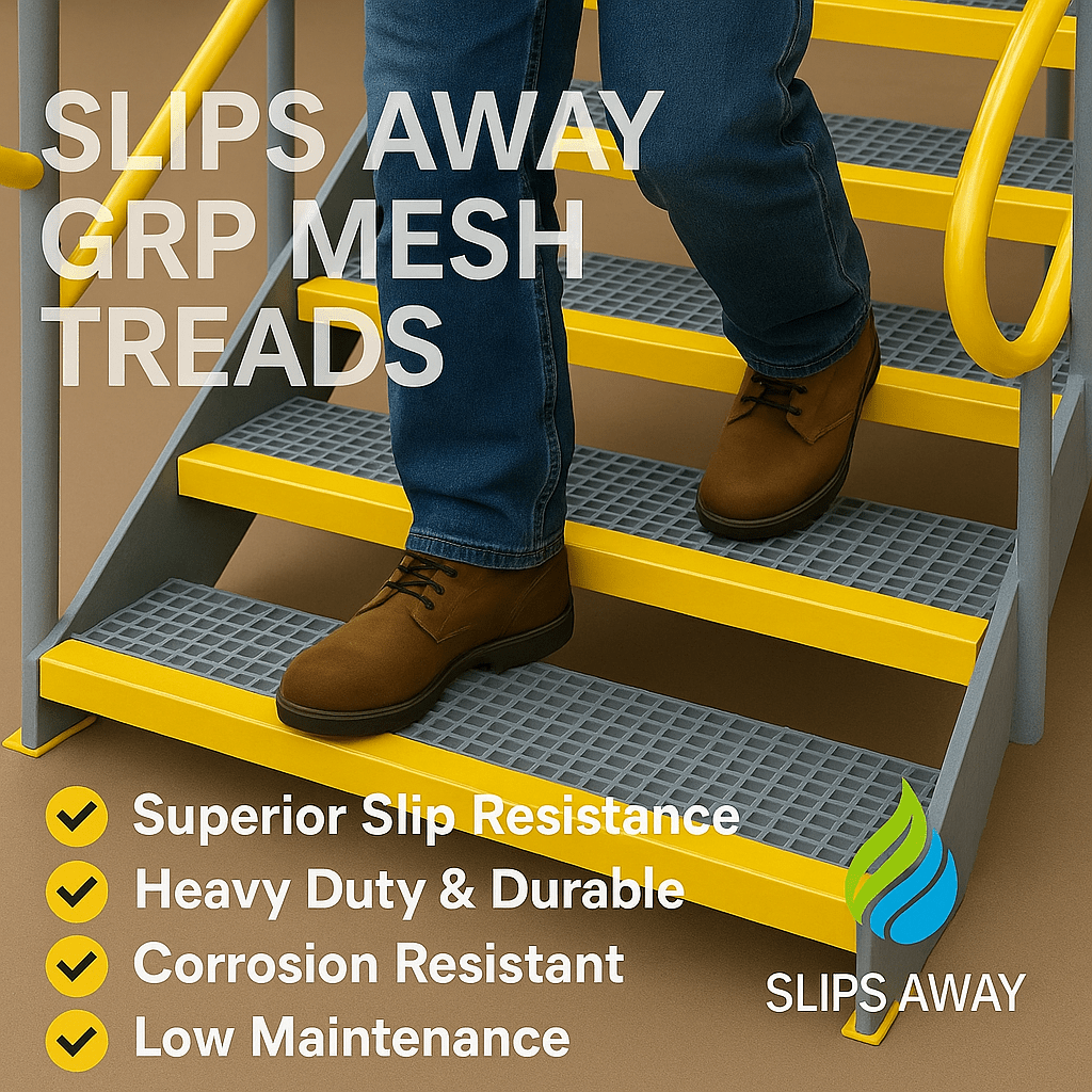 GRP Stair Tread – Moulded 38mm Square Mesh with D38mm Depth – Green Yellow Nosing - Slips Away - GRP MESH GRATING - 