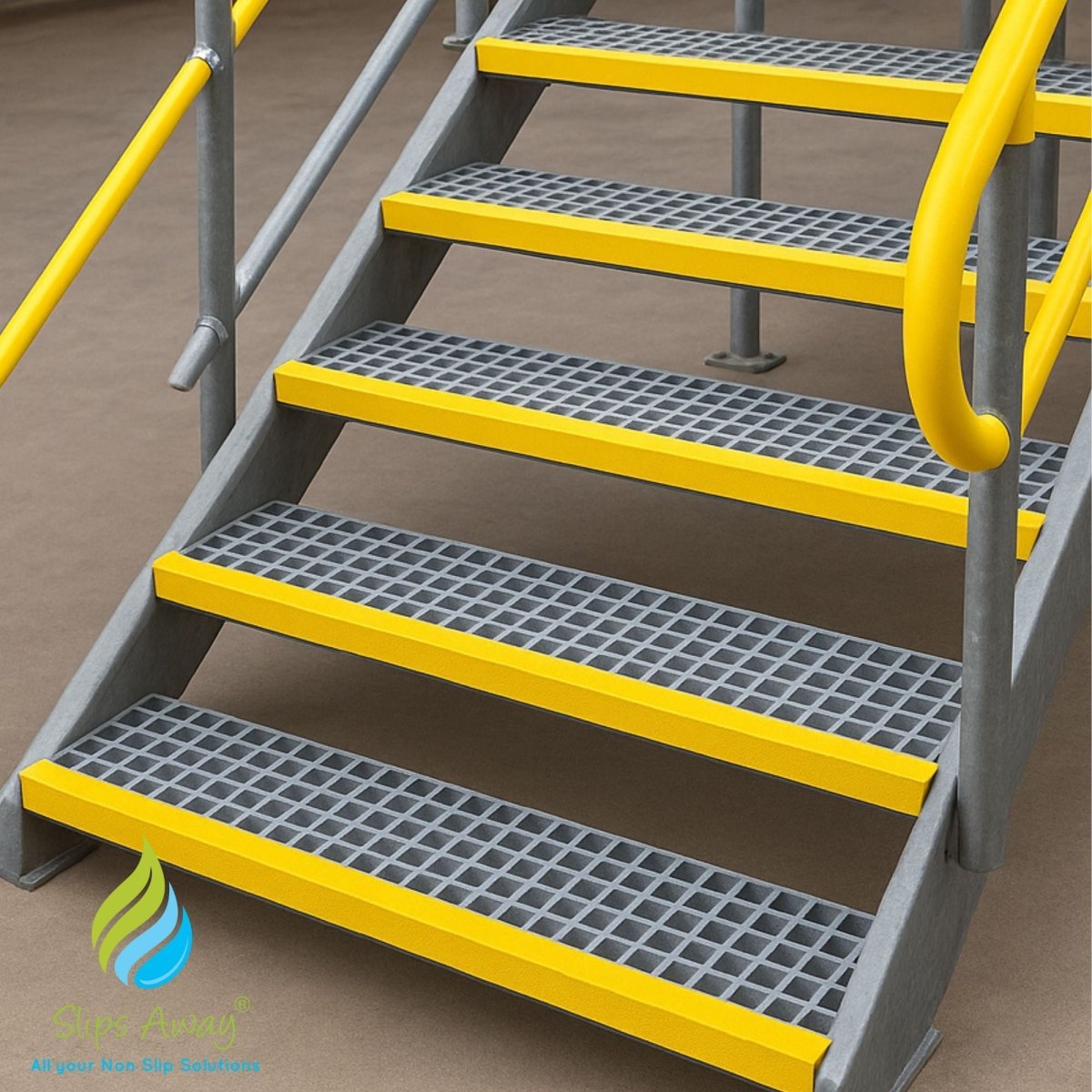GRP Stair Tread – Moulded 38mm Square Mesh with D38mm Depth – Grey Yellow Nosing - Slips Away - GRP MESH GRATING - 