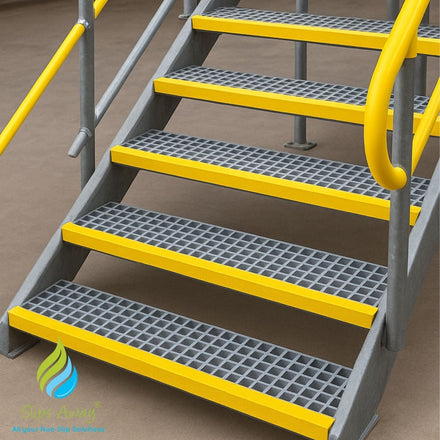 GRP Stair Tread – Moulded 38mm Square Mesh with D38mm Depth – Grey Yellow Nosing - Slips Away - GRP MESH GRATING - 