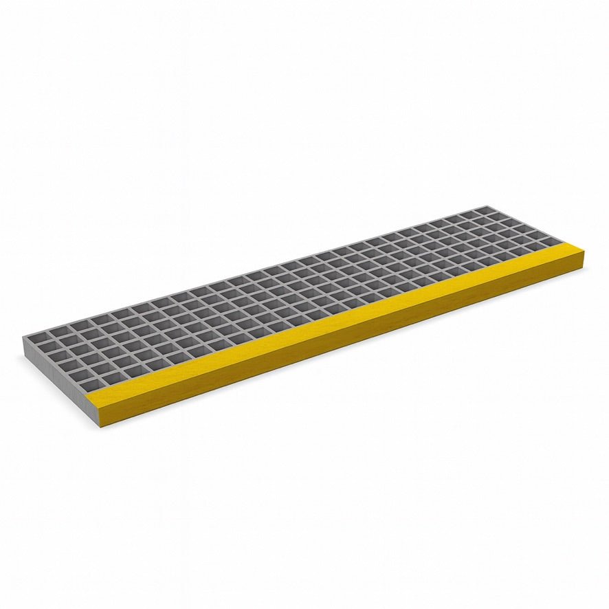 GRP Stair Tread – Moulded 38mm Square Mesh with D38mm Depth – Grey Yellow Nosing - Slips Away - GRP MESH GRATING - 
