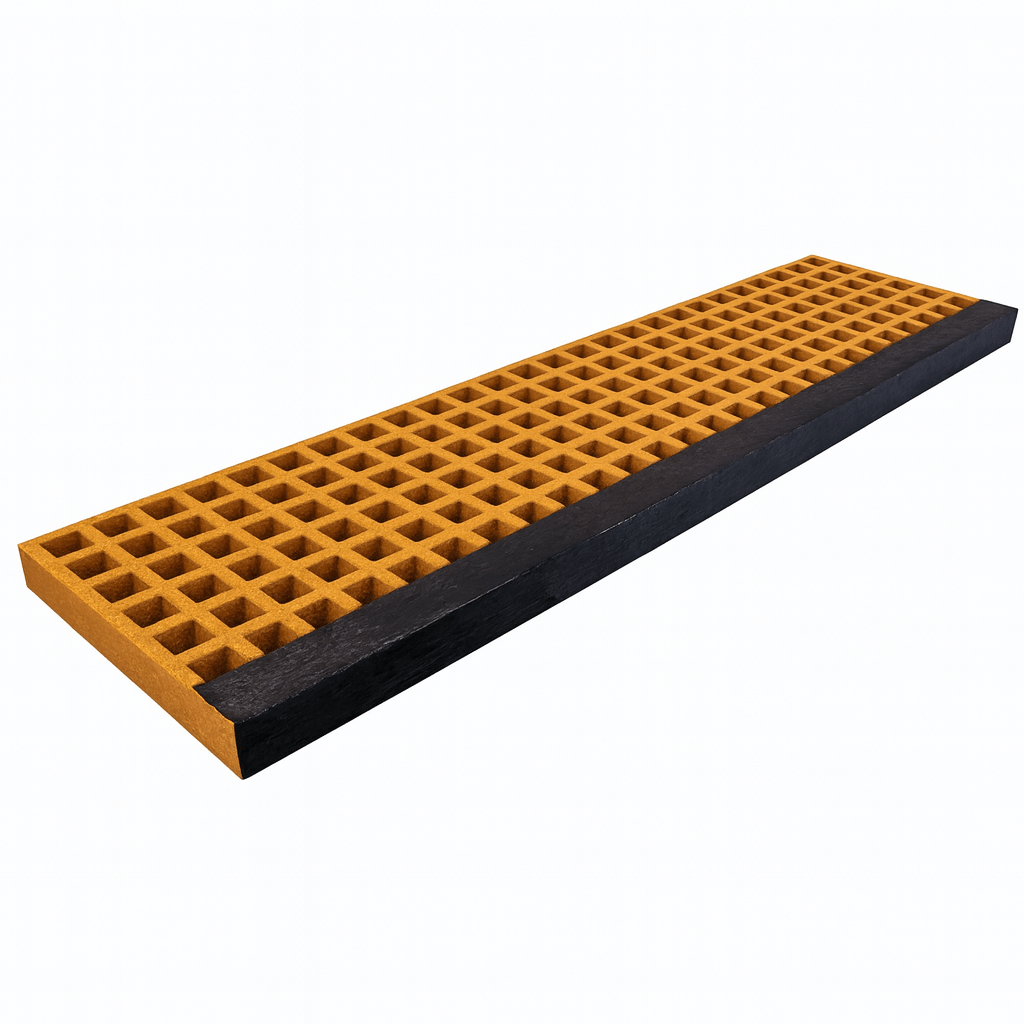 GRP Stair Tread – Moulded 38mm Square Mesh with D38mm Depth – Yellow & Black Nosing - Slips Away - GRP MESH GRATING - 