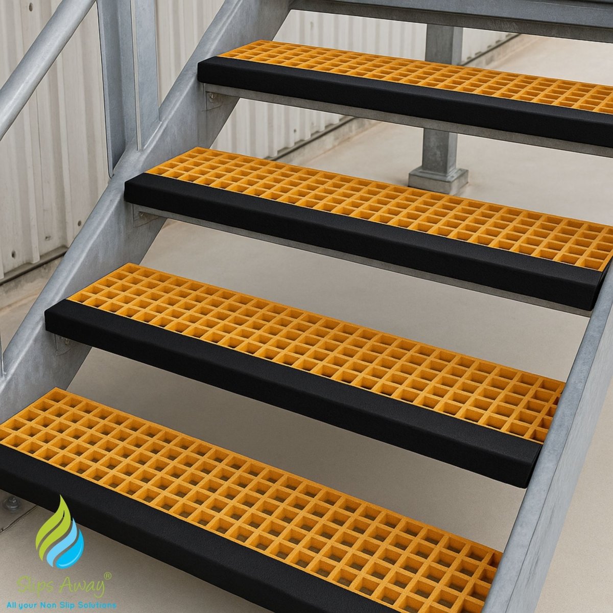 GRP Stair Tread – Moulded 38mm Square Mesh with D38mm Depth – Yellow & Black Nosing - Slips Away - GRP MESH GRATING - 