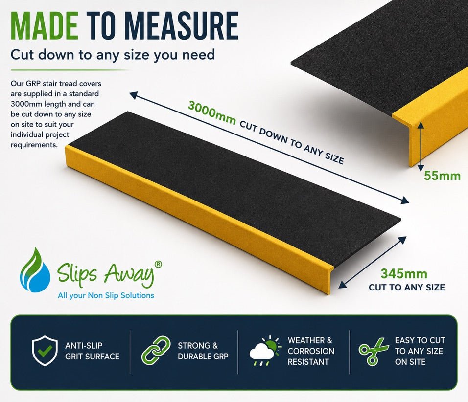 GRP Step Nosing Covers Heavy Duty Non-Slip Stair Tread Solutions – Black/Yellow - Slips Away - stair treads - BLK/YLW Anti Slip Stair Tread Covers GRP 500mm x1 -
