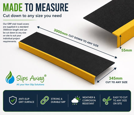 GRP Step Nosing Covers Heavy Duty Non-Slip Stair Tread Solutions – Black/Yellow - Slips Away - stair treads - BLK/YLW Anti Slip Stair Tread Covers GRP 500mm x1 -