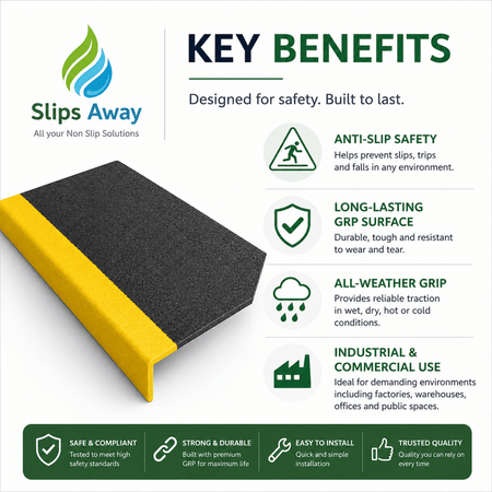 Slips Away product with key benefits listed of GRP tread covers 