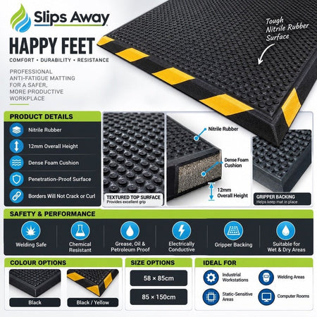 Happy Feet Heavy-Duty Industrial Anti-Fatigue Mat | Nitrile Rubber | Oil, Grease & Chemical Resistant | Welding Safe - Slips Away - HF2436BL -