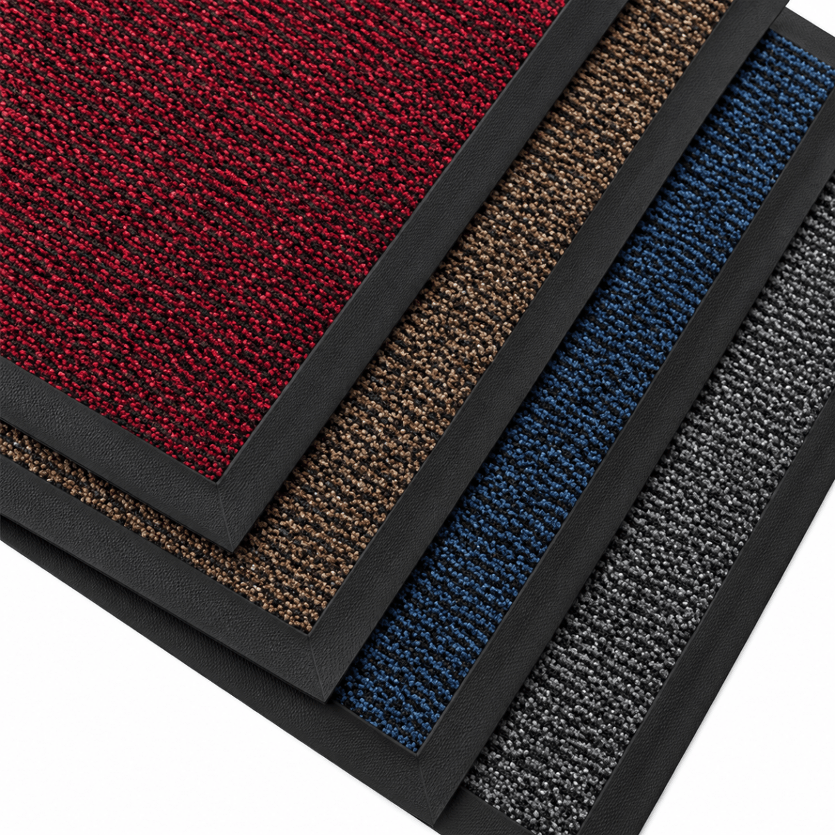 Four textured rectangular mats with black borders shown overlapping on a white background, in red, tan, blue, and gray heathered patterns.