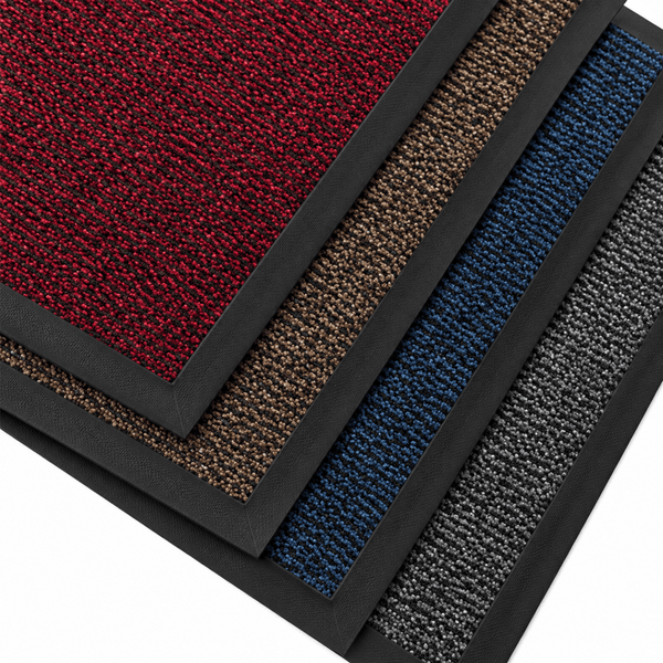 Four textured rectangular mats with black borders shown overlapping on a white background, in red, tan, blue, and gray heathered patterns.