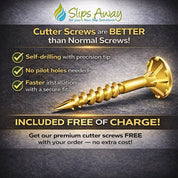 Gold screw with promotional text about 'Slips Away' cutter screws on a dark background