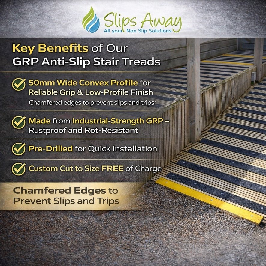 Advertisement for Slips Away GRP Anti-Slip Stair Strips Treads with key benefits listed.