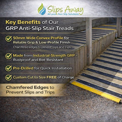 Advertisement for Slips Away GRP Anti-Slip Stair Strips Treads with key benefits listed.